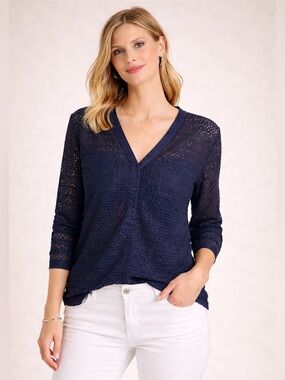 Ann Taylor Navy Eyelet Henley Top